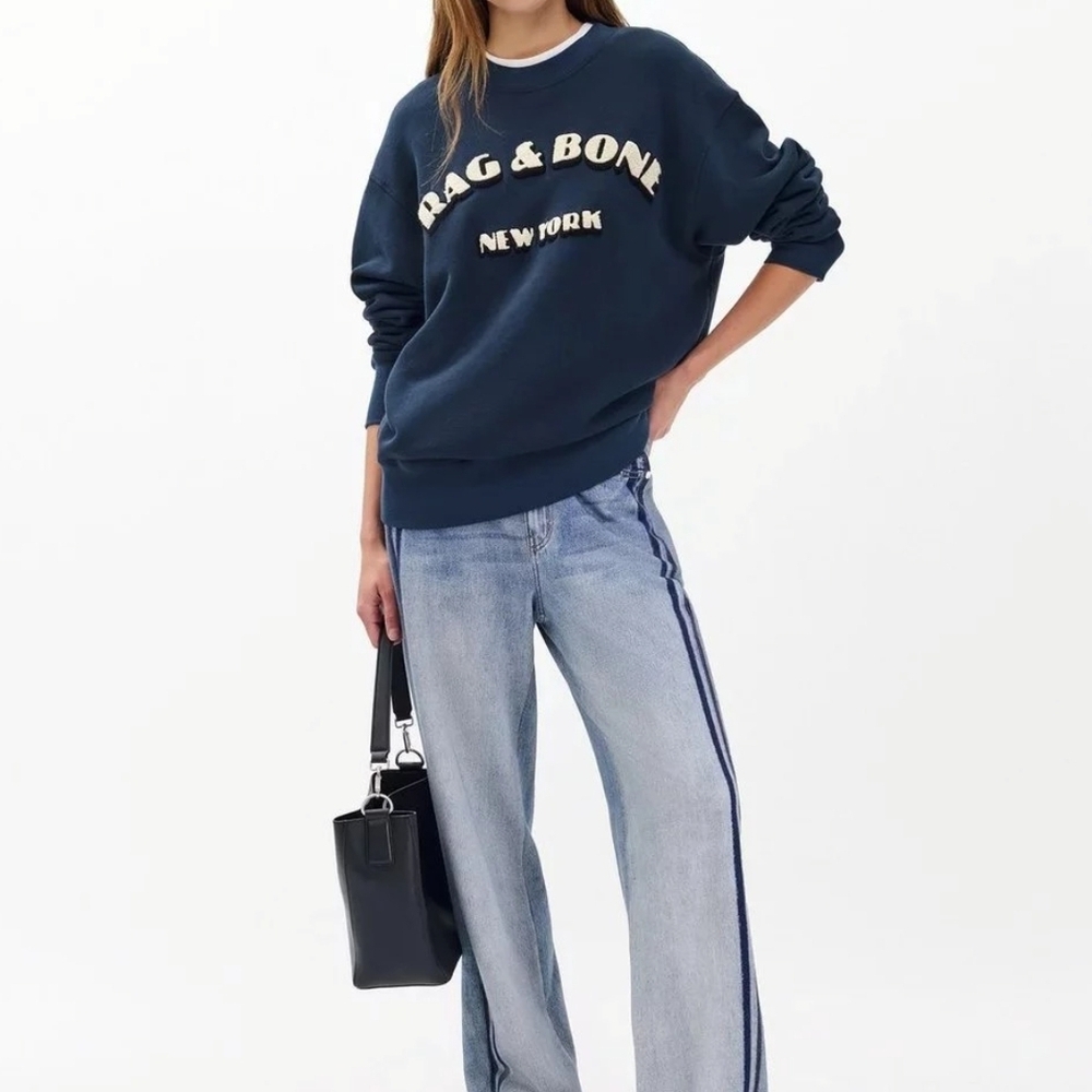 rag & bone Miramar Light Blue Wide Leg Track Pants with Navy Side Stripe
